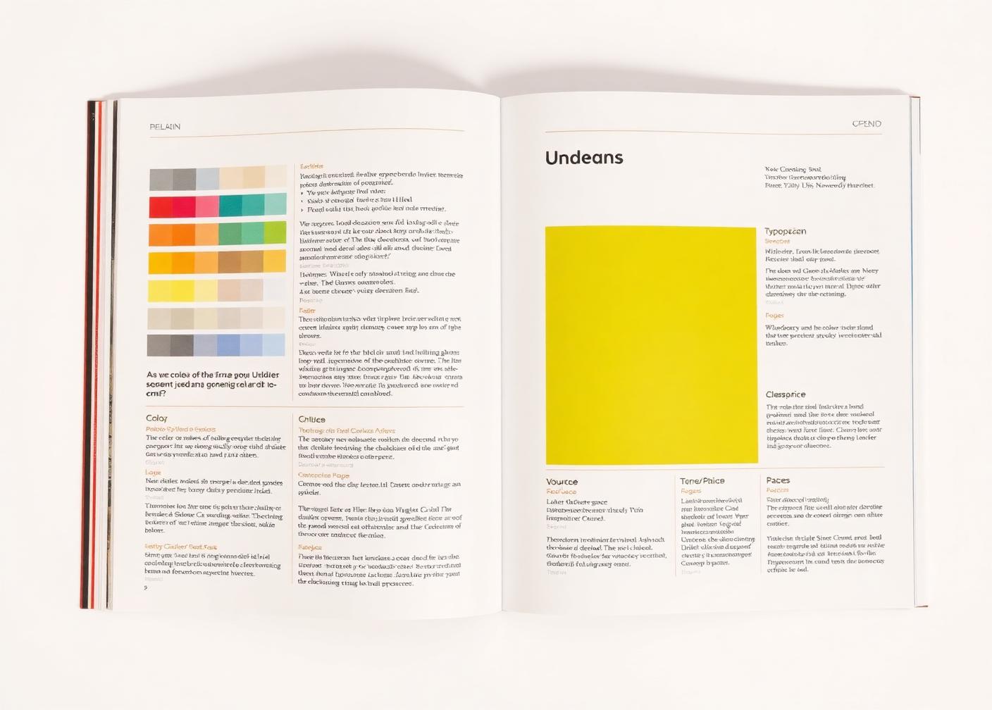 Open brand guidelines book showing color palette, typography scale and logo clearspace rules
