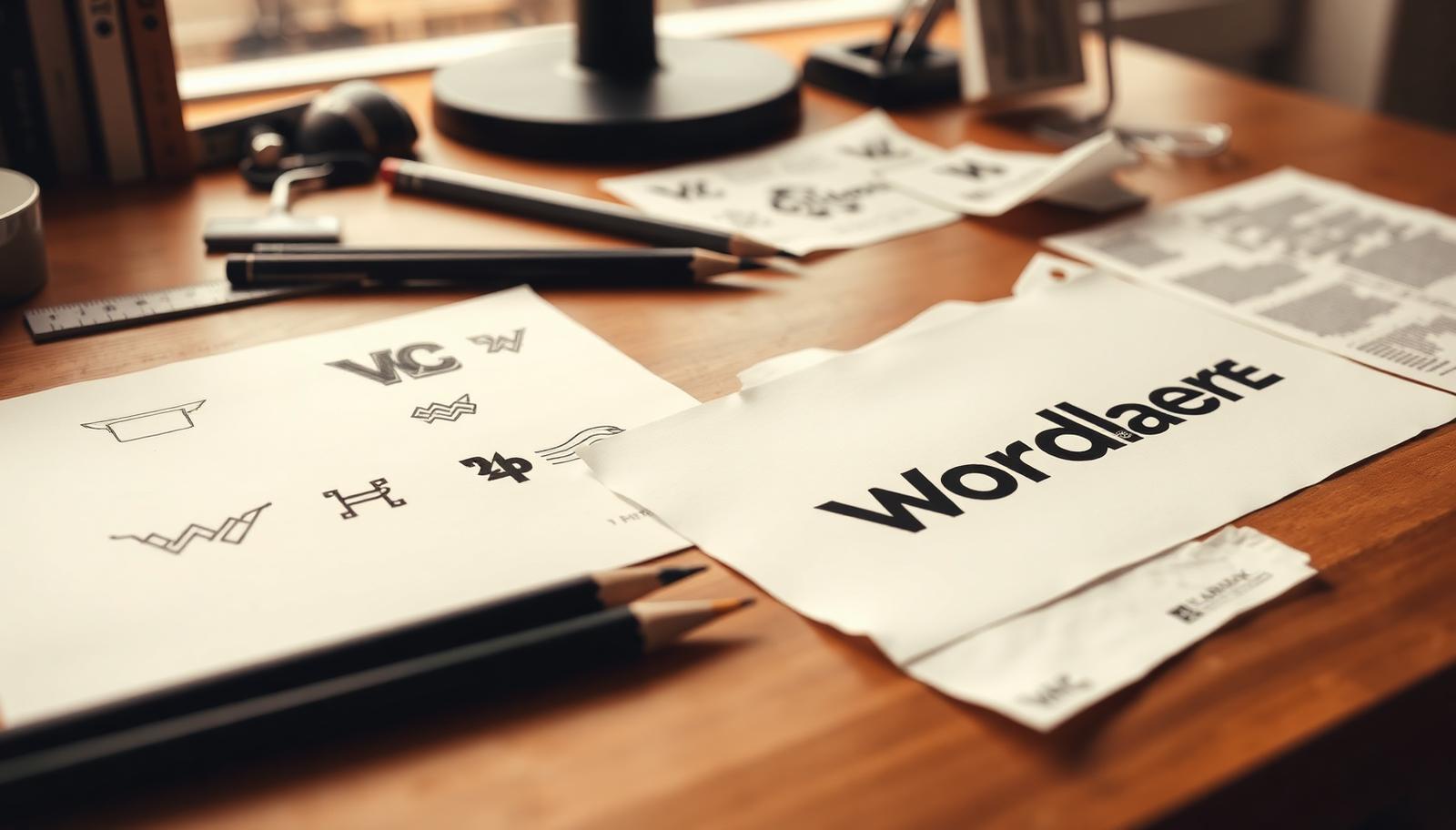 Hand-sketched logo mark explorations on paper next to a printed final wordmark specimen