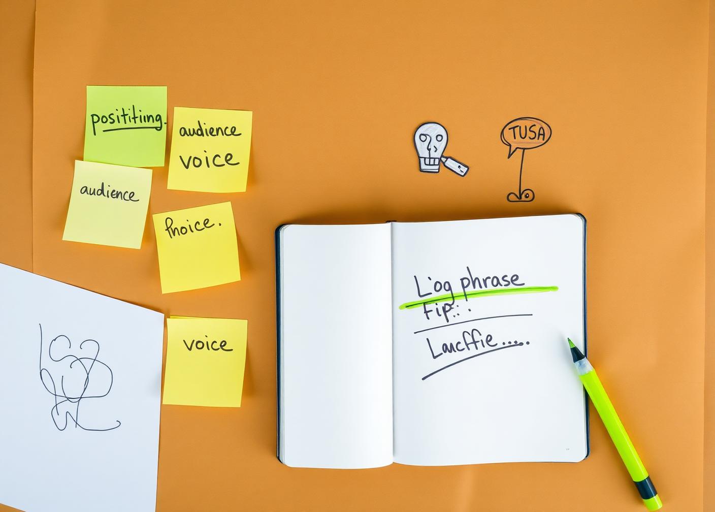 Brand strategy workshop with sticky notes for positioning, audience and voice next to a notebook of logo sketches