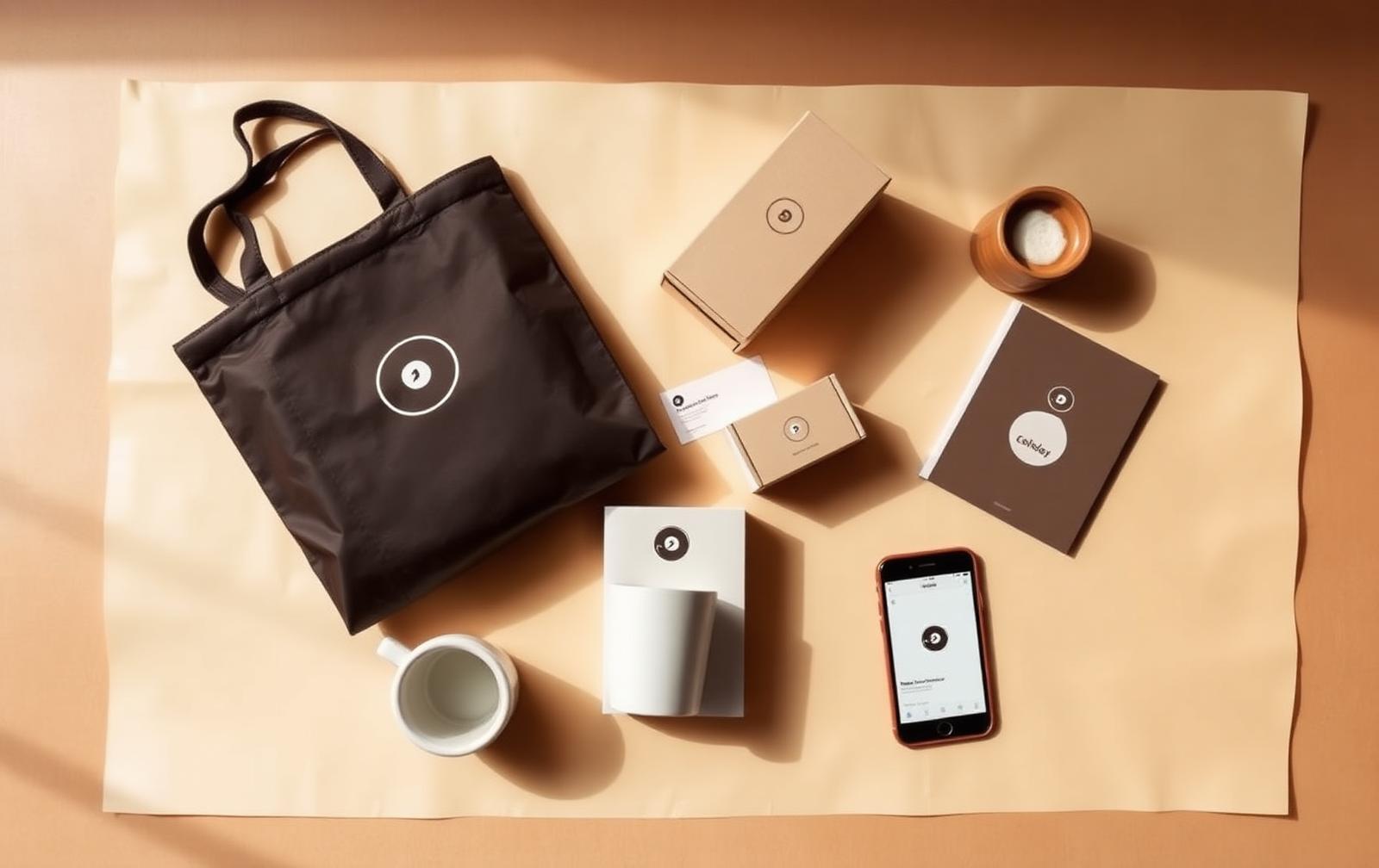 Brand identity applied across real-world touchpoints: tote bag, business cards, packaging, coffee cup and phone screen