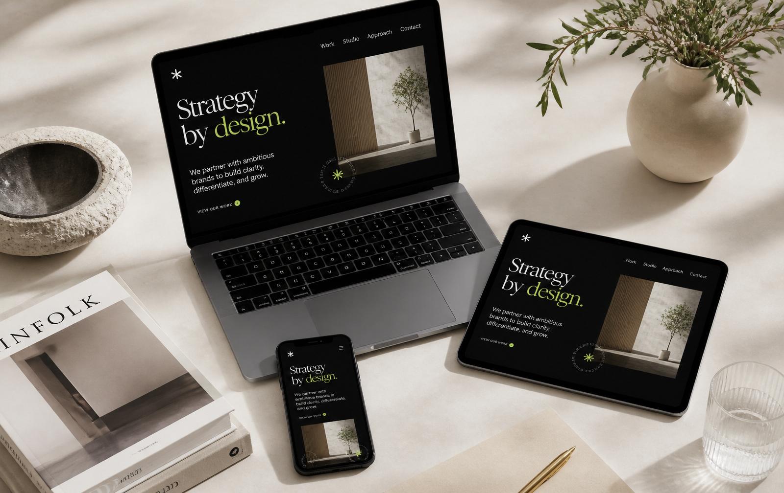 Website design shown responsively across laptop, tablet, and phone