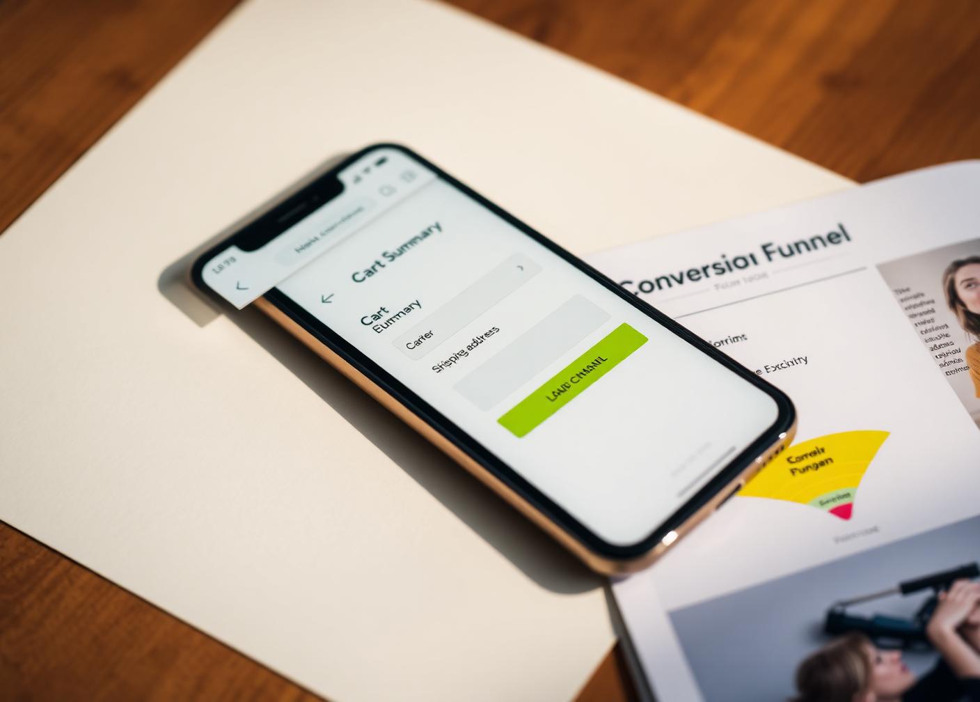 Friction-free mobile checkout flow on a phone with cart summary, shipping and express payment step next to a conversion funnel diagram