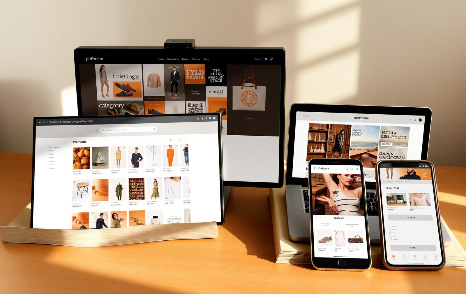 Ecommerce store shown across ultrawide monitor, laptop, tablet and phone with category, product, cart and checkout screens