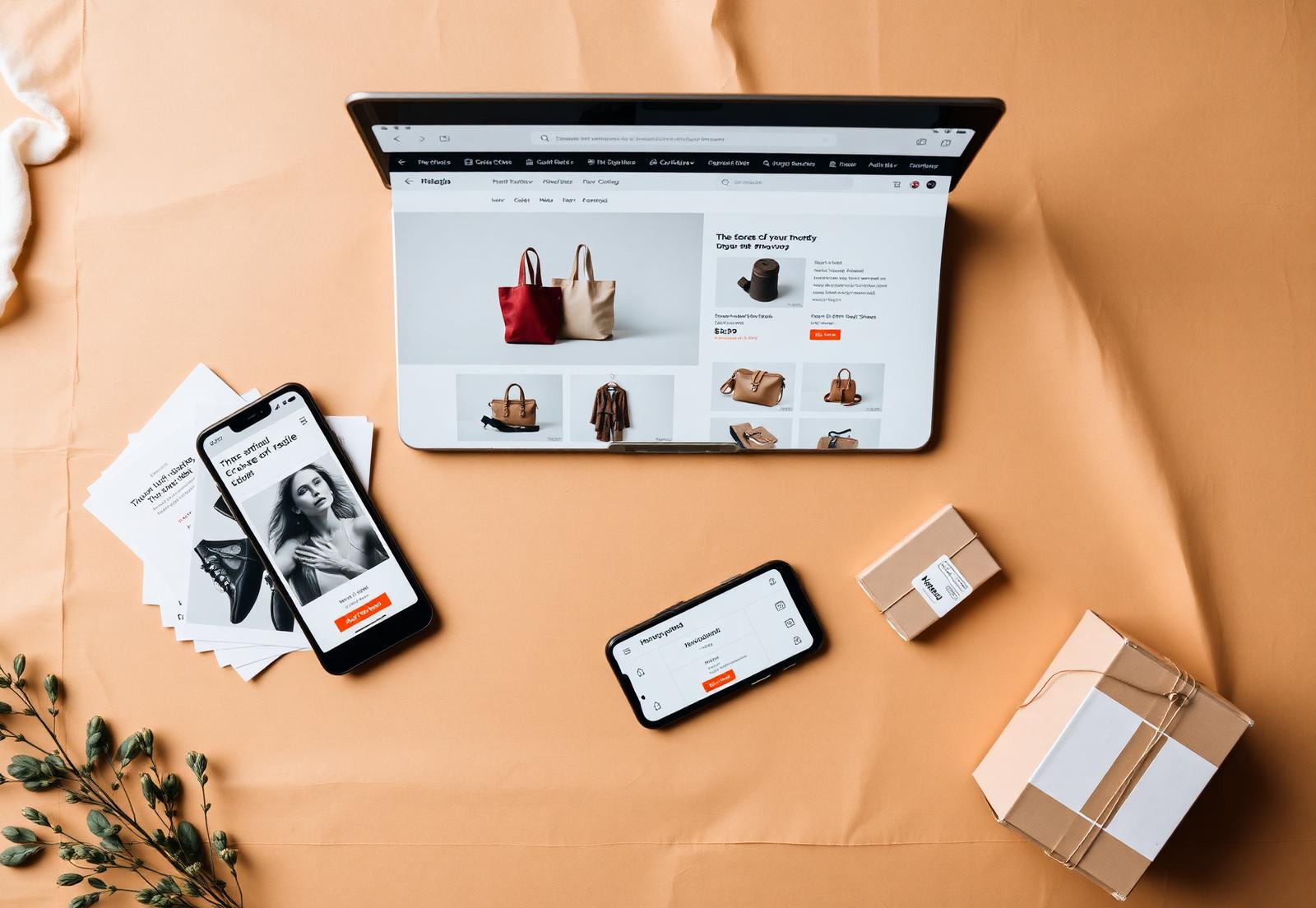 Ecommerce storefront workspace with a laptop showing an online store product page and a phone showing a mobile checkout