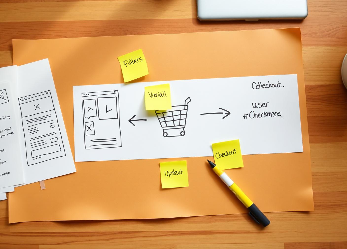 Hand-drawn ecommerce user journey wireframes from product listing to cart and checkout with sticky note annotations