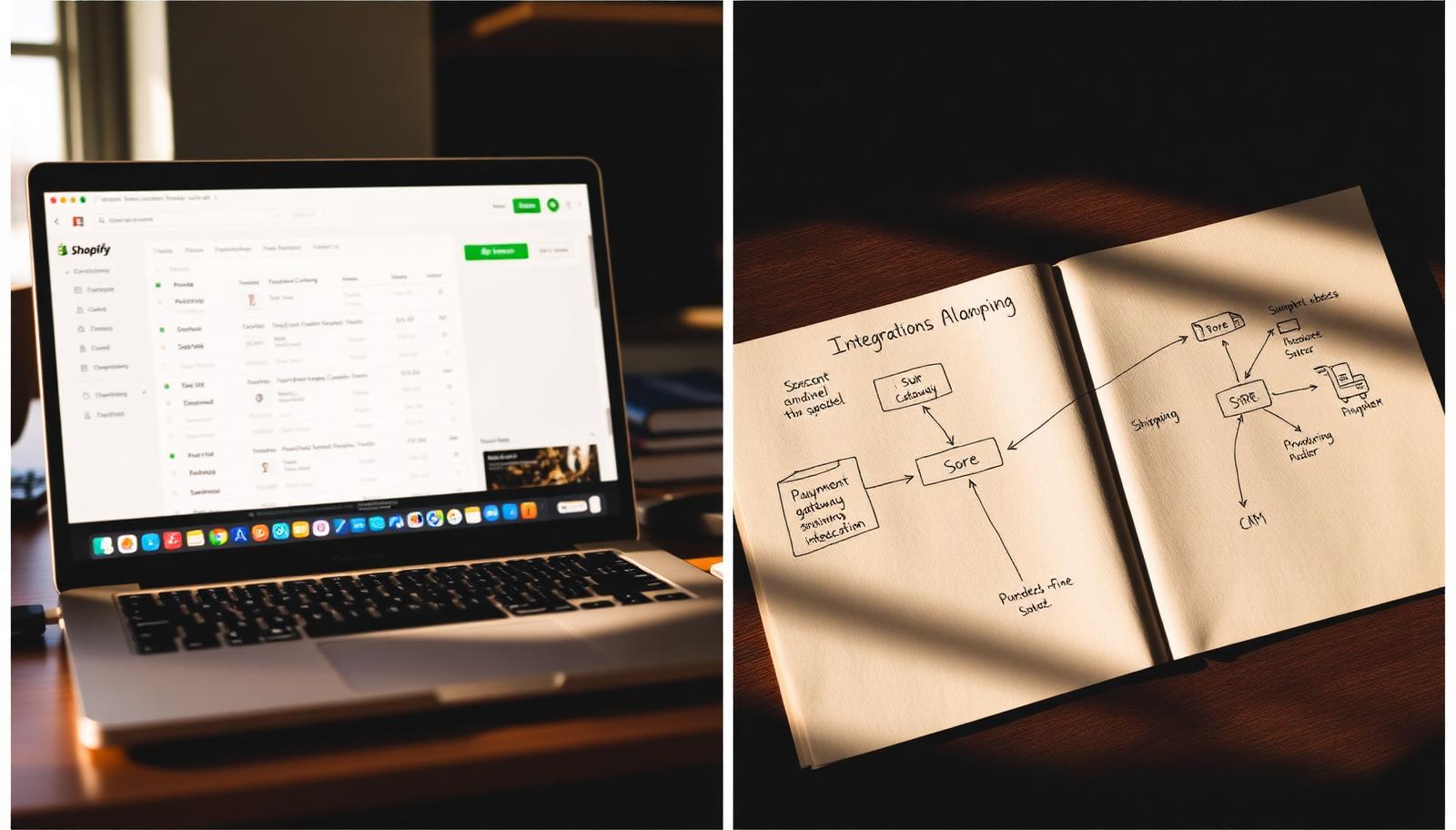 Shopify admin dashboard on a laptop next to a printed integrations diagram connecting store, payments, shipping and CRM