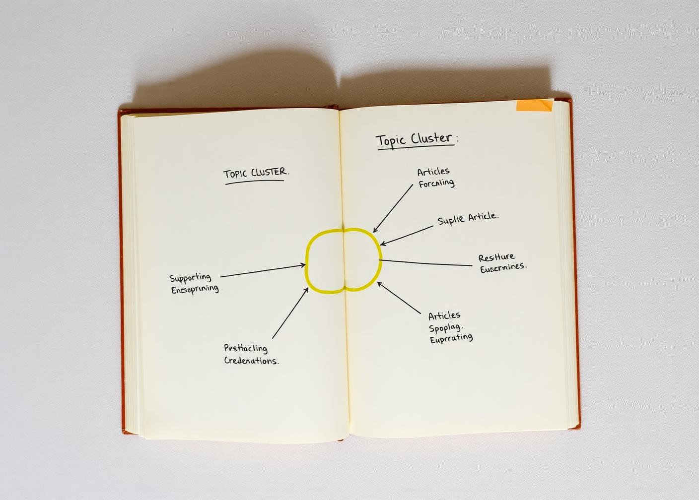 Open content playbook showing a topic-cluster diagram with a pillar page connected to supporting articles