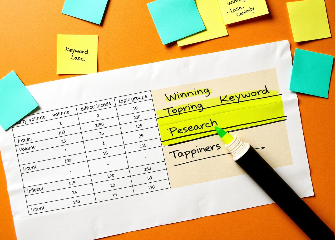 Keyword research spreadsheet with volume, difficulty and intent columns highlighted alongside topic-cluster sticky notes