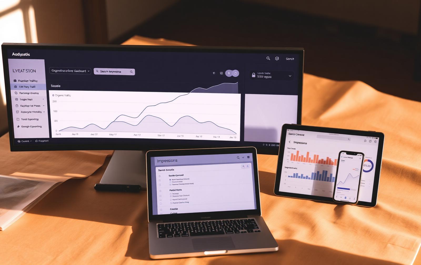 SEO analytics dashboard across ultrawide monitor, laptop and phone showing organic traffic growth, keyword rankings and Search Console impressions