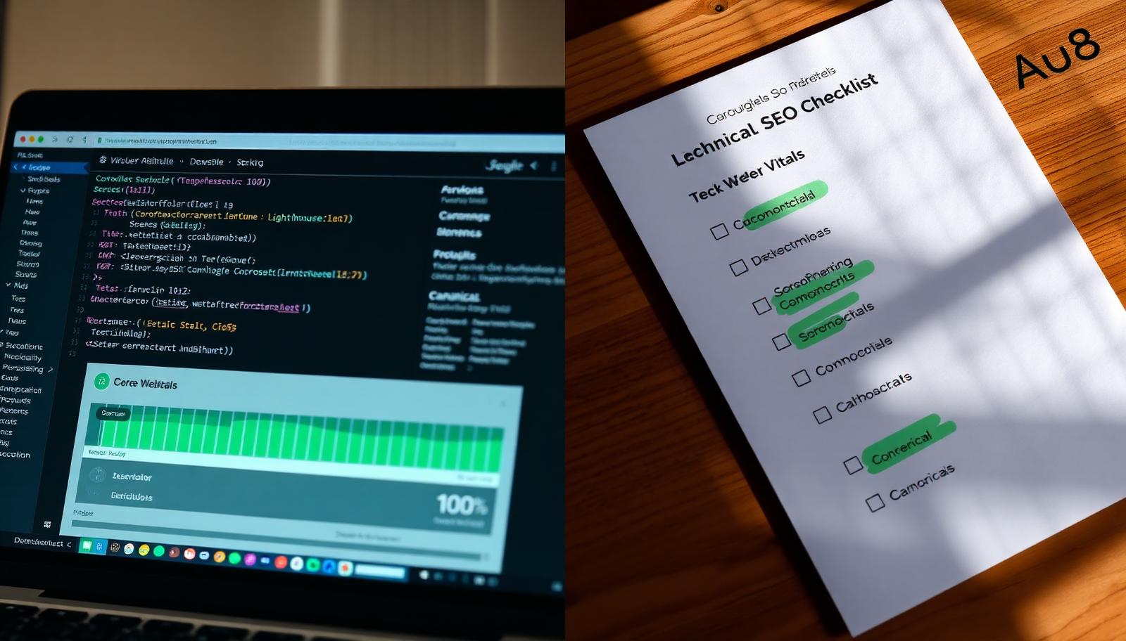 Lighthouse performance score of 100 with green Core Web Vitals next to a printed technical SEO audit checklist
