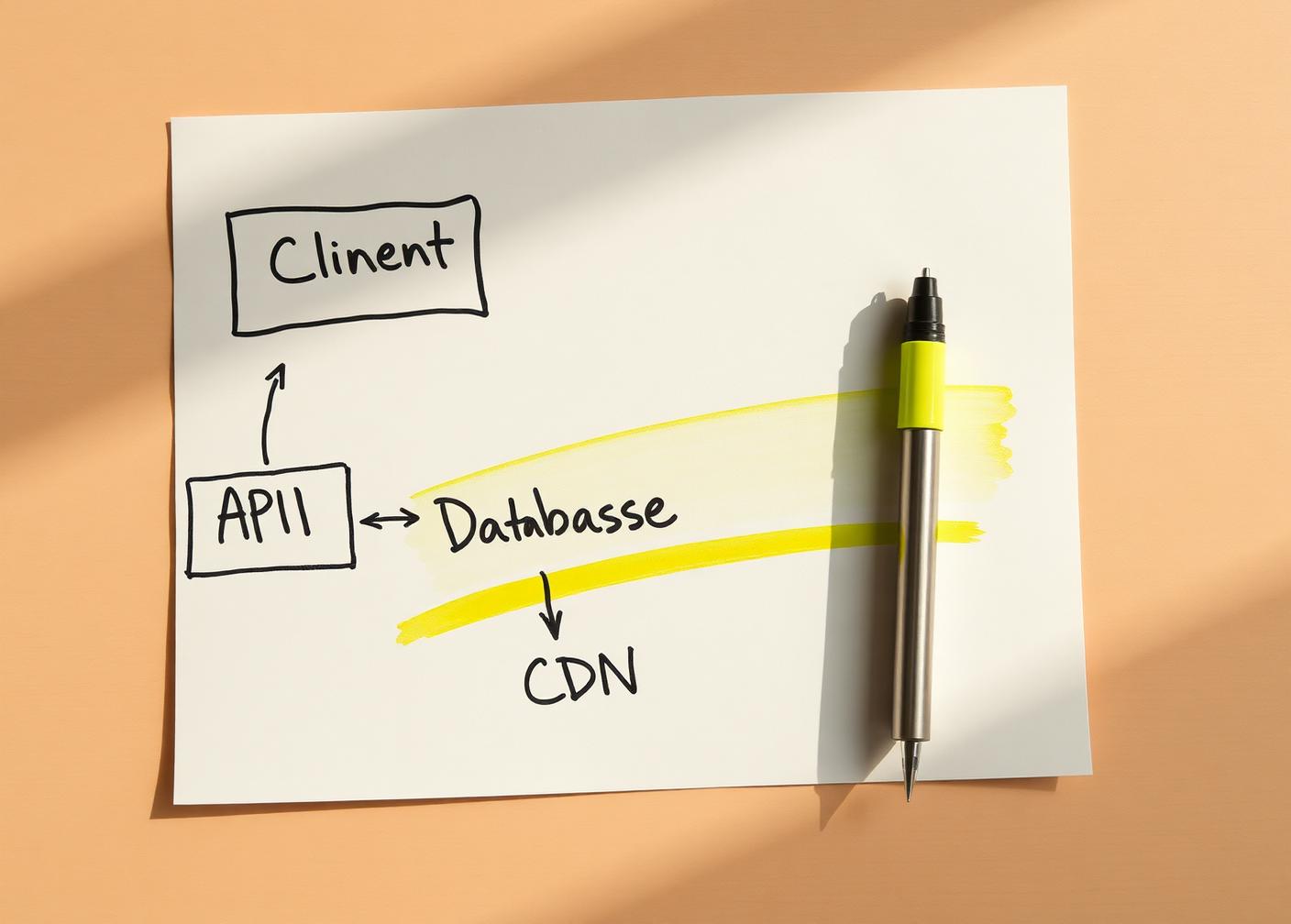 Hand-drawn system architecture sketch with client, API, database and CDN boxes