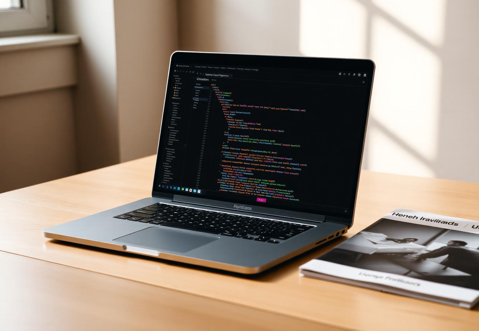 Modern developer laptop showing TypeScript React code and a live website preview