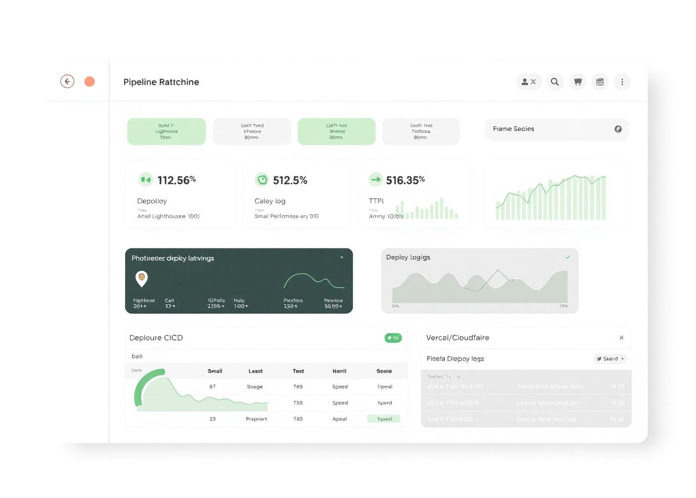 CI/CD deploy pipeline dashboard with green build, test and deploy stages and performance metrics