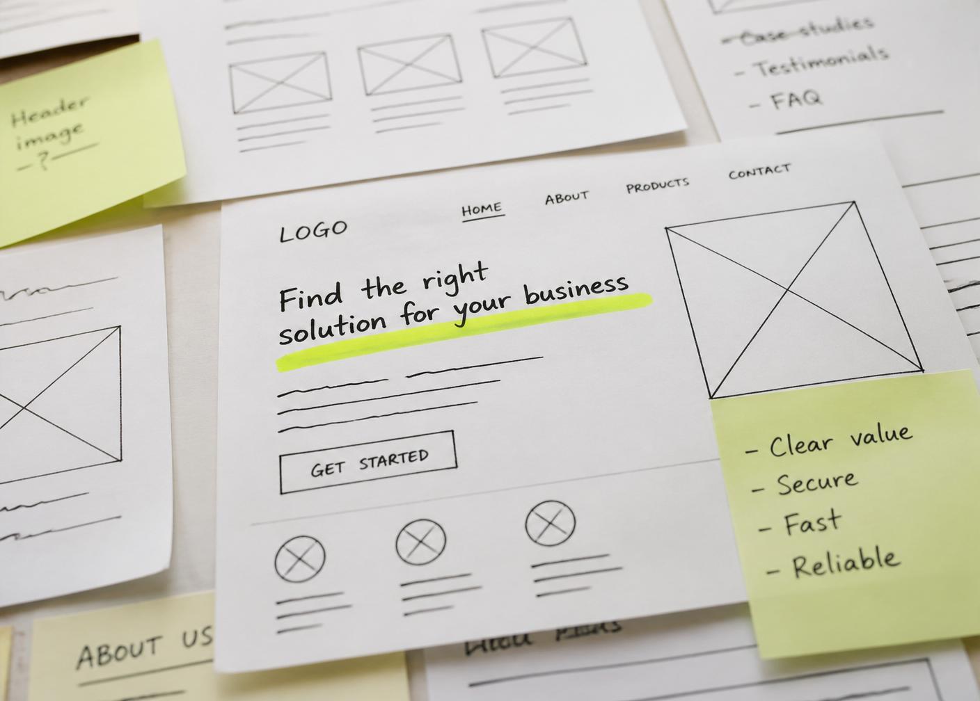 Hand-drawn website wireframes with lime marker highlight