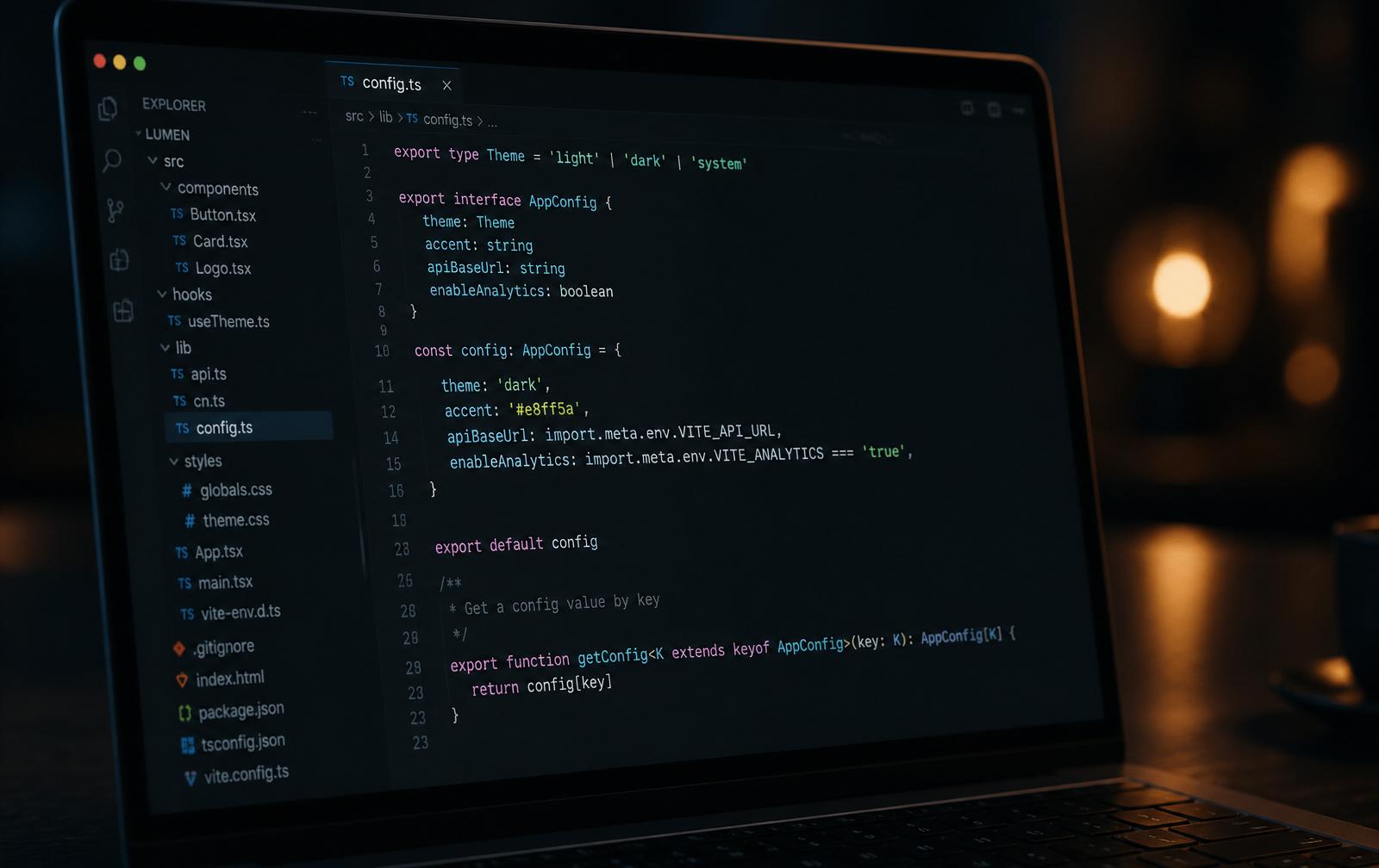A dark laptop screen showing custom TypeScript code with a lime accent line