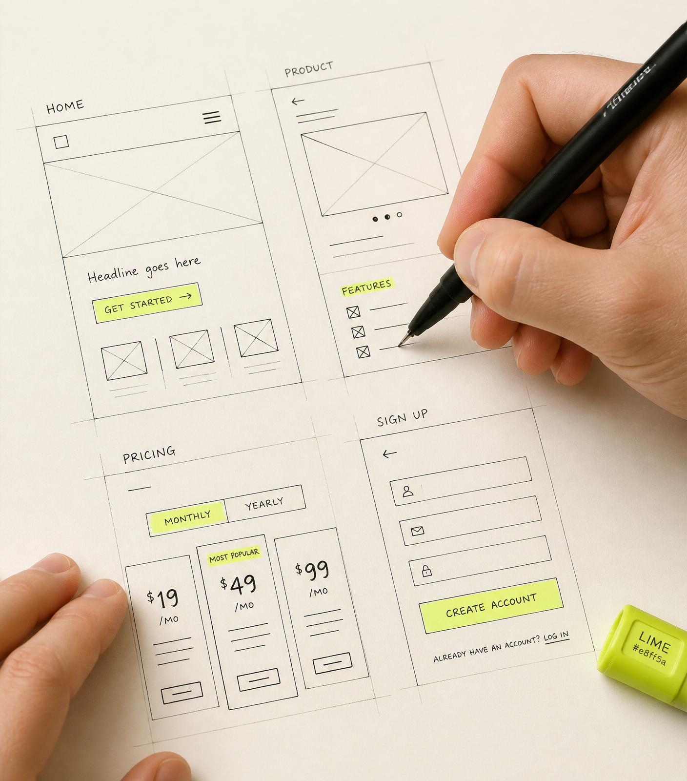 A designer sketching wireframes and UI flows on paper