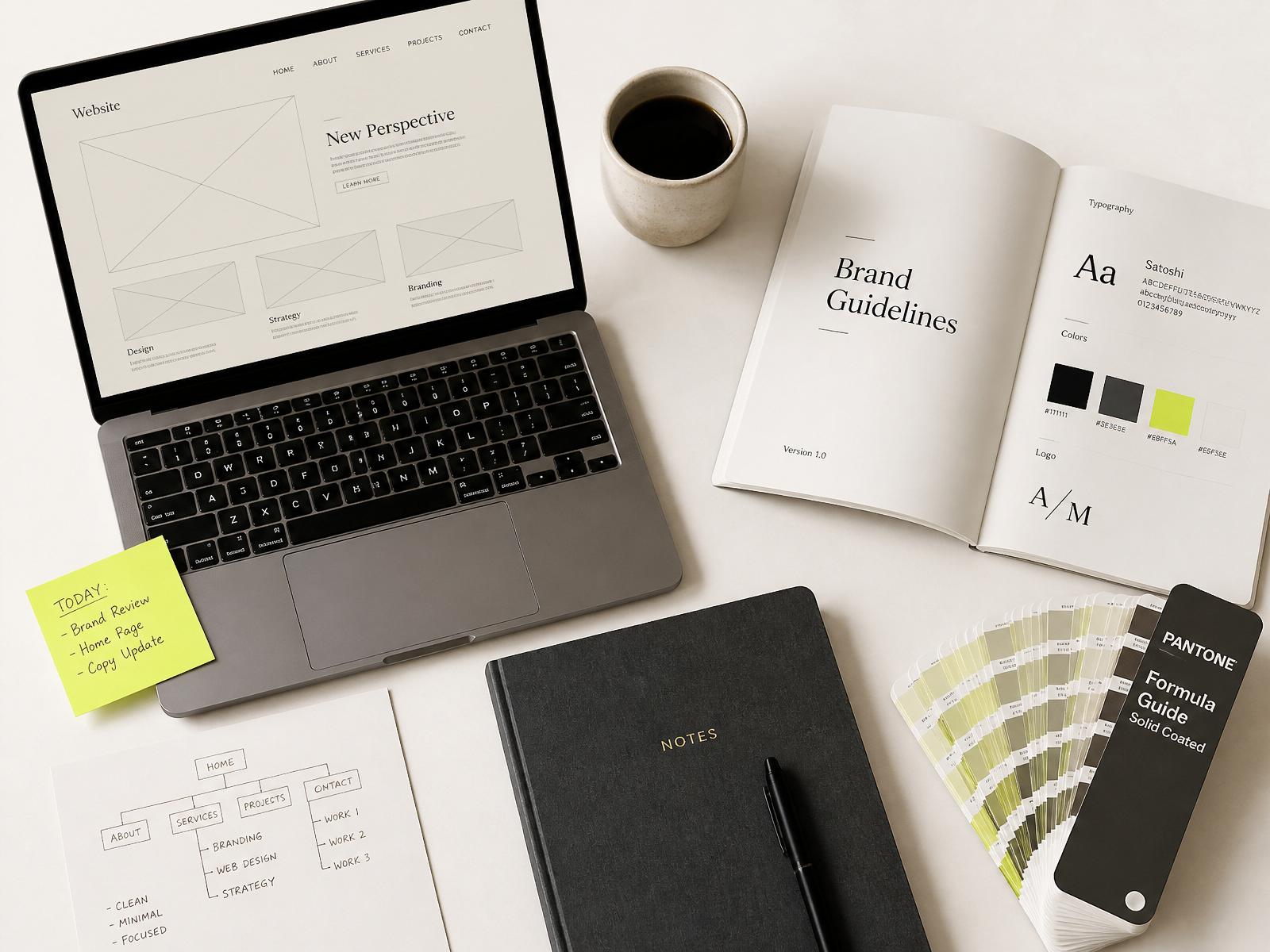 Overhead flat lay of a PluxWeb designer's desk with wireframes, brand book and Pantone chips
