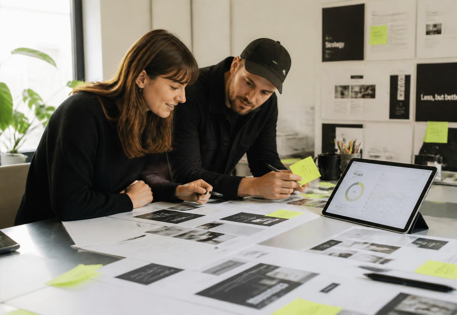 Two PluxWeb designers reviewing printed website mockups and analytics together